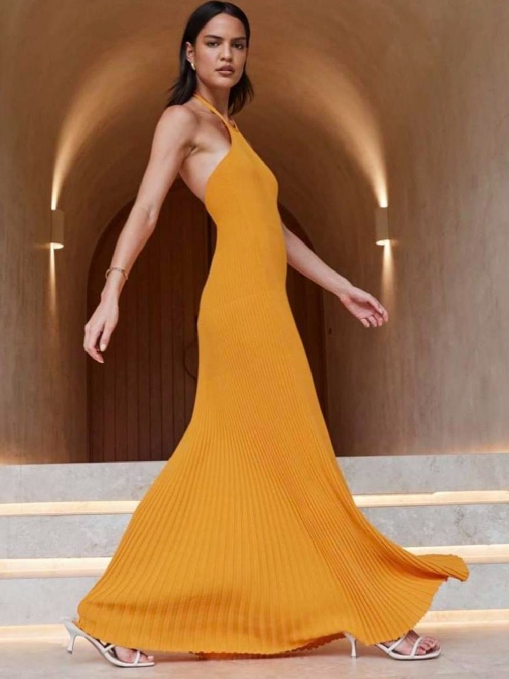 DISSH Ola Marigold Halter Knit Maxi Dress Ribbed Open Back XXL Orange Yellow